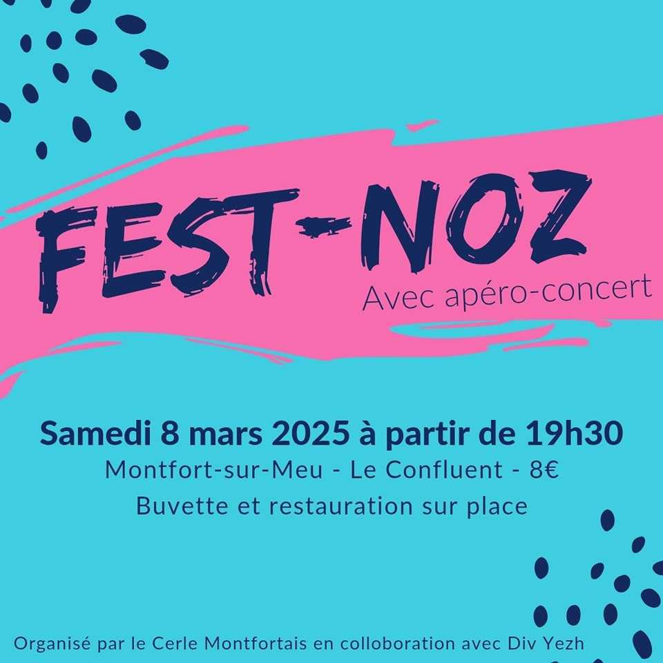 Rendez vous au fest noz du Cercle Montfortais, samedi mars 2025.

Ça commence par un apéro concert à 19h30 avec Lutig ! Suivi du fest noz avec divers groupes ainsi que le bagad pour vous faire danser.

Venez nombreux :)