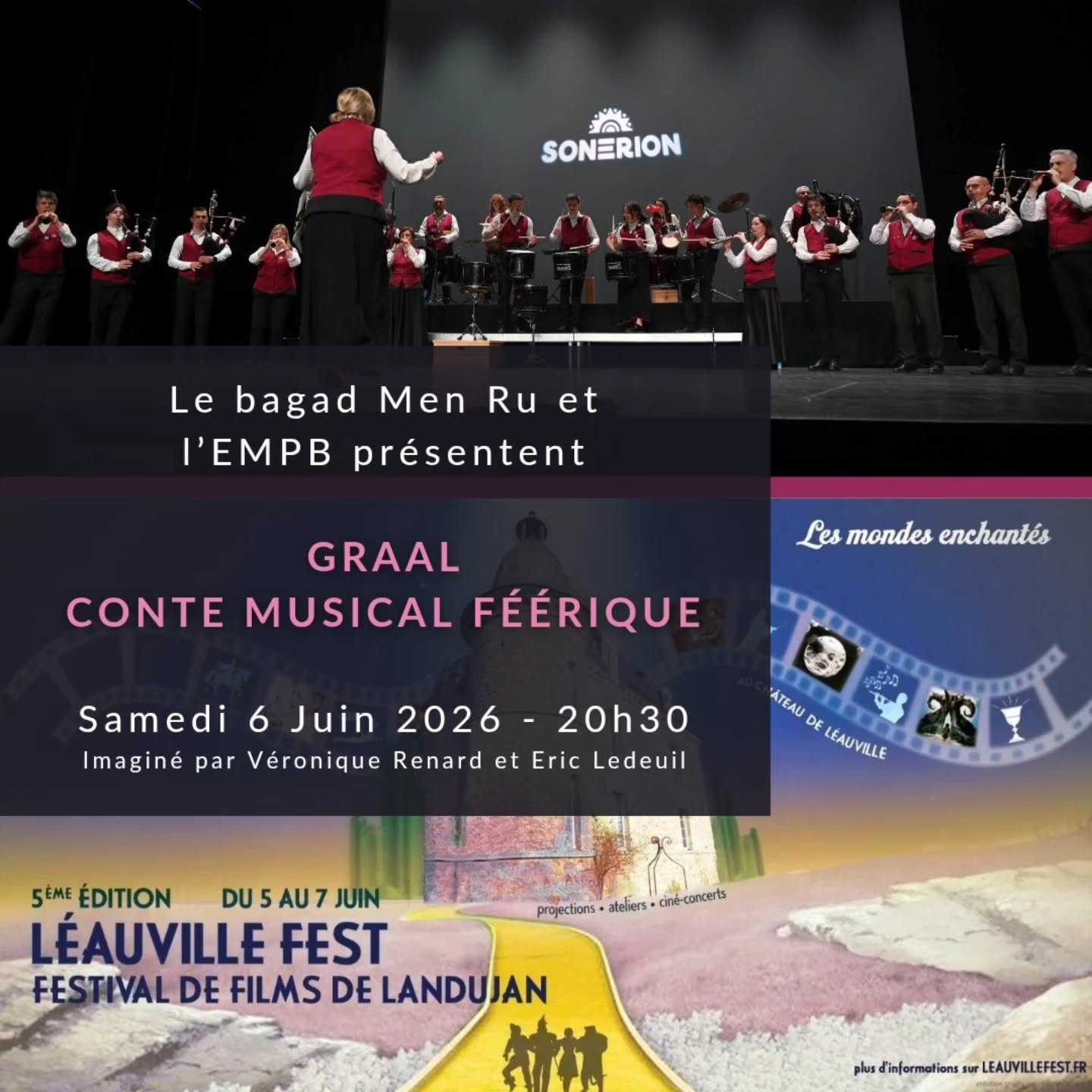 Le bagad accompagne l'école de musique du pays de Brocéliande (EMPB) dans un conte musical intitulé "Graal". La représentation a lieu durant l'événement "Leauville Fest" à Landujan, samedi 6 juin 2026 à 20h30.

Ce conte a été imaginé par Véronique Renard et Éric Ledeuil.

Crédit photo du bagad : Joseph Tourneux