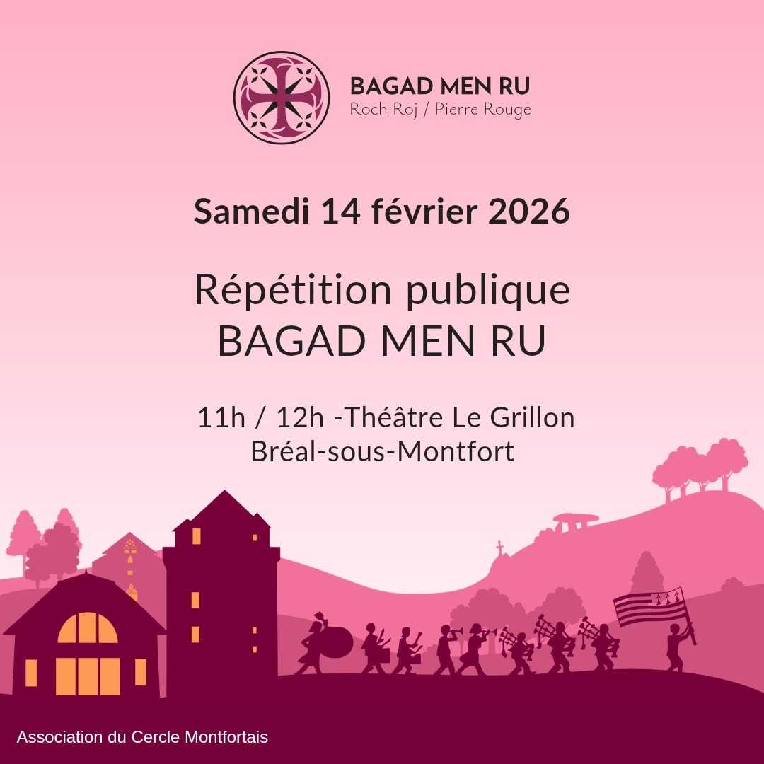 Le bagad présentera sa nouvelle suite 2026 lors d'une répétition publique à Bréal-sous-Montfort samedi 14 février entre 11h et 12h, au théâtre Le Grillon. La suite proposée est composée d'une marche et d'une gavotte du pays Montagne et sera présentée au concours de Vannes de 4ème catégorie le lendemain.

Venez nous écouter !
