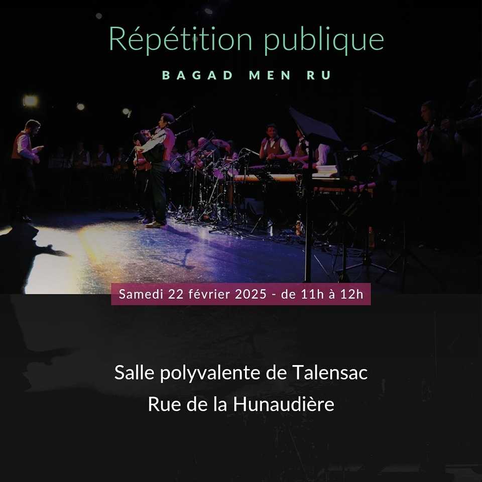 Le bagad présentera sa nouvelle suite pour 2025 lors d'une répétition publique à Talensac samedi 22 février entre 11h et 12h, dans la salle polyvalente (rue de la Hunaudière).

Venez nous écouter !