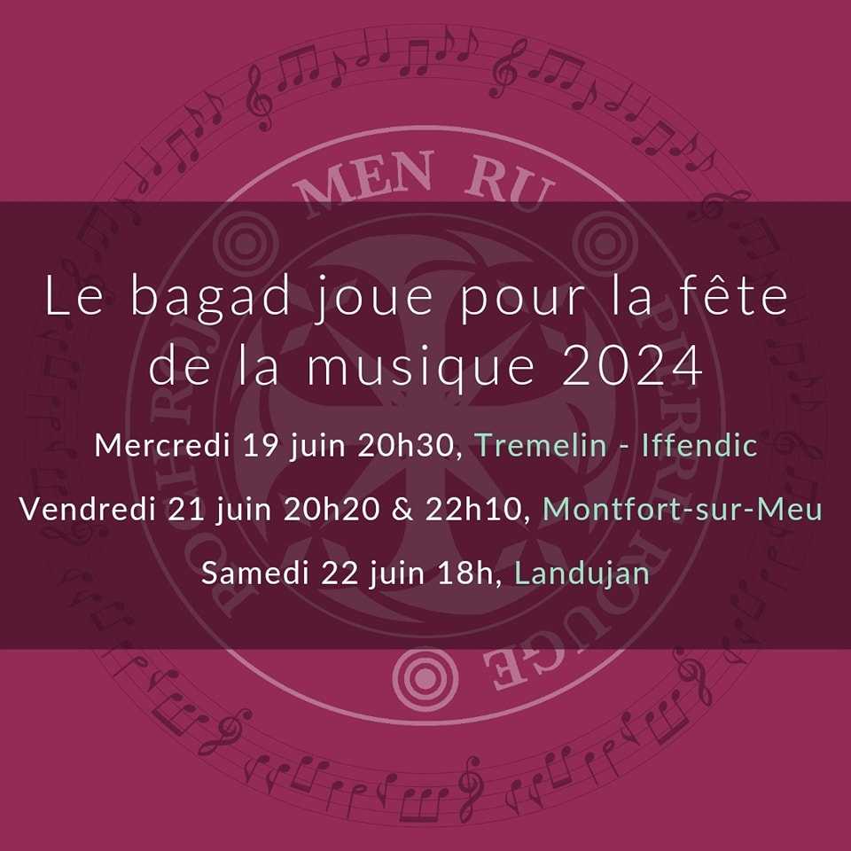 Le bagad joue pour la fête de la musique 2024 !
Retrouvez-nous à Tremelin (Iffendic) mercredi 19 juin avec l'EMPB, Montfort-sur-Meu vendredi 21 juin et Landujan samedi 22 juin.